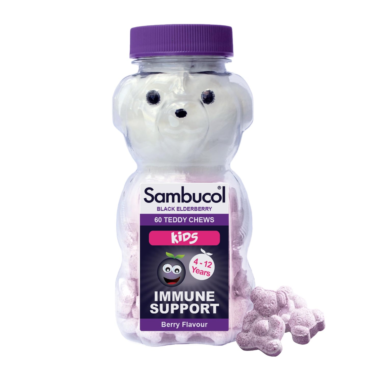Sambucol Natural Black Elderberry Kids Chewable Teddies| Vitamin C | Immune Support Supplement | 60 tablets