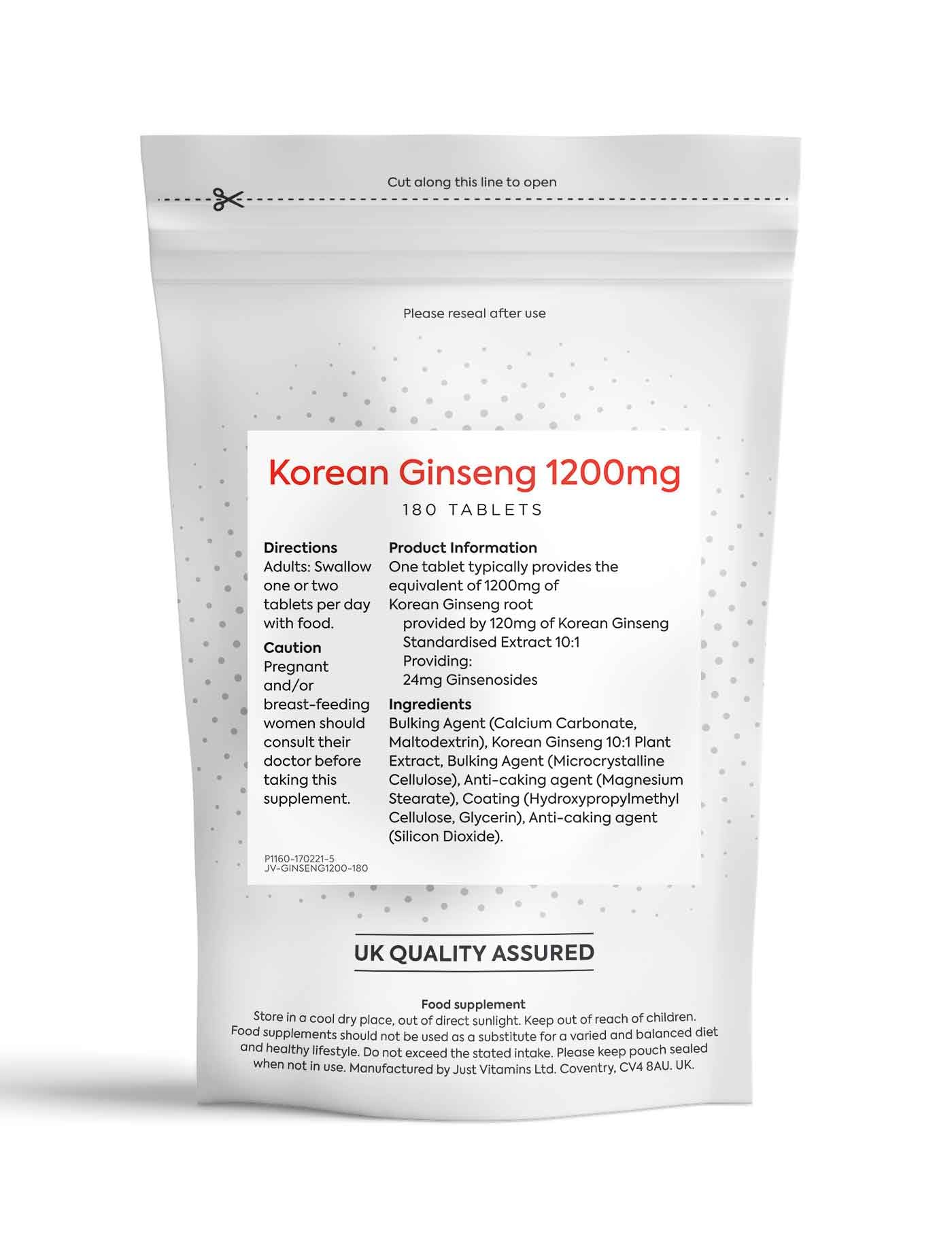 Just Vitamins Korean Ginseng (Panax Root Extract) 1200mg 180 Tablets