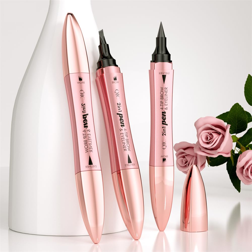 MAYEON 2 in 1 Eyebrow Pen with Eyeliner Pencil, Waterproof Eyebrow Pencil with 4 Fork Tip Multifunctional Double Head Microblade Eyebrow Pencil Waterproof and Long-Lasting (Black)