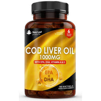 NEW LEAF PRODUCTS Cod Liver Oil Softgels 1000mg - 180 Cod Liver Soft gels High Strength Softgels- Cod Liver Oil Rich in Omega 3 EPA DHA Fatty Acids + Vitamins A & D, High Strength Fish Oil - UK Made, by New Leaf