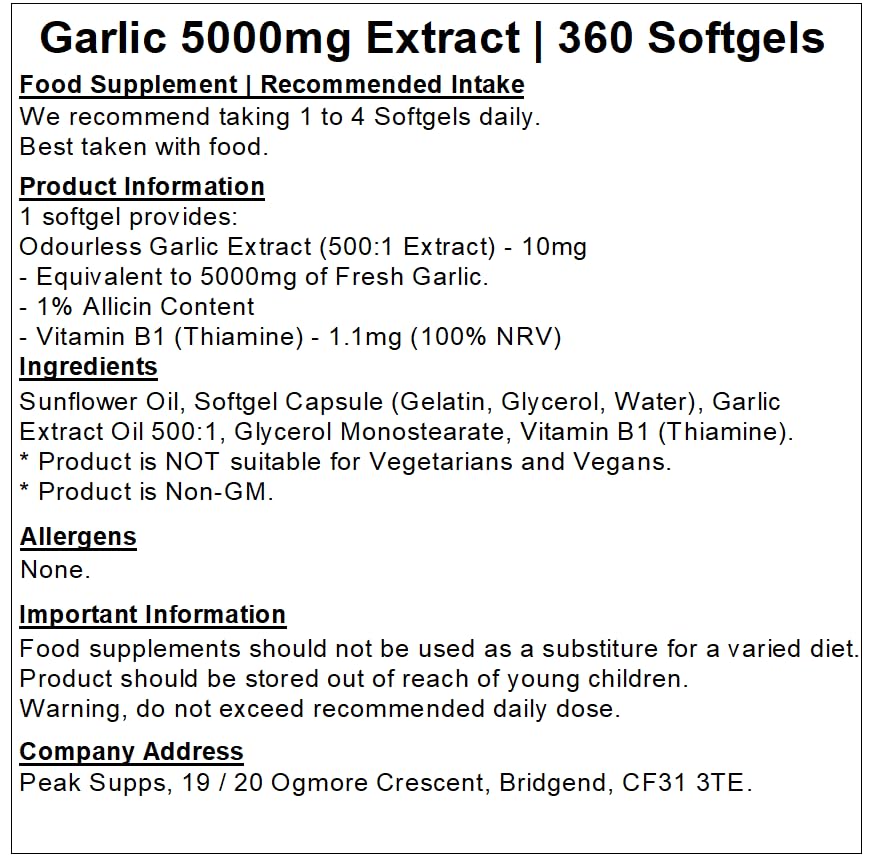 Peak Supps Garlic Extract 5000mg - 360 Softgel Capsules – 1% Allicin