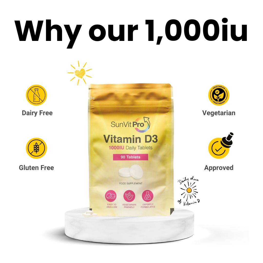 SunVit-D3 Vitamin D 1000IU - Cholecalciferol Vitamin D Tablets 1000IU Support the Maintenance of Bone, Teeth, Muscle & Immune System | UK Made, GMP Approved, Dairy & Gluten free D3 Vitamins 90 Tablets