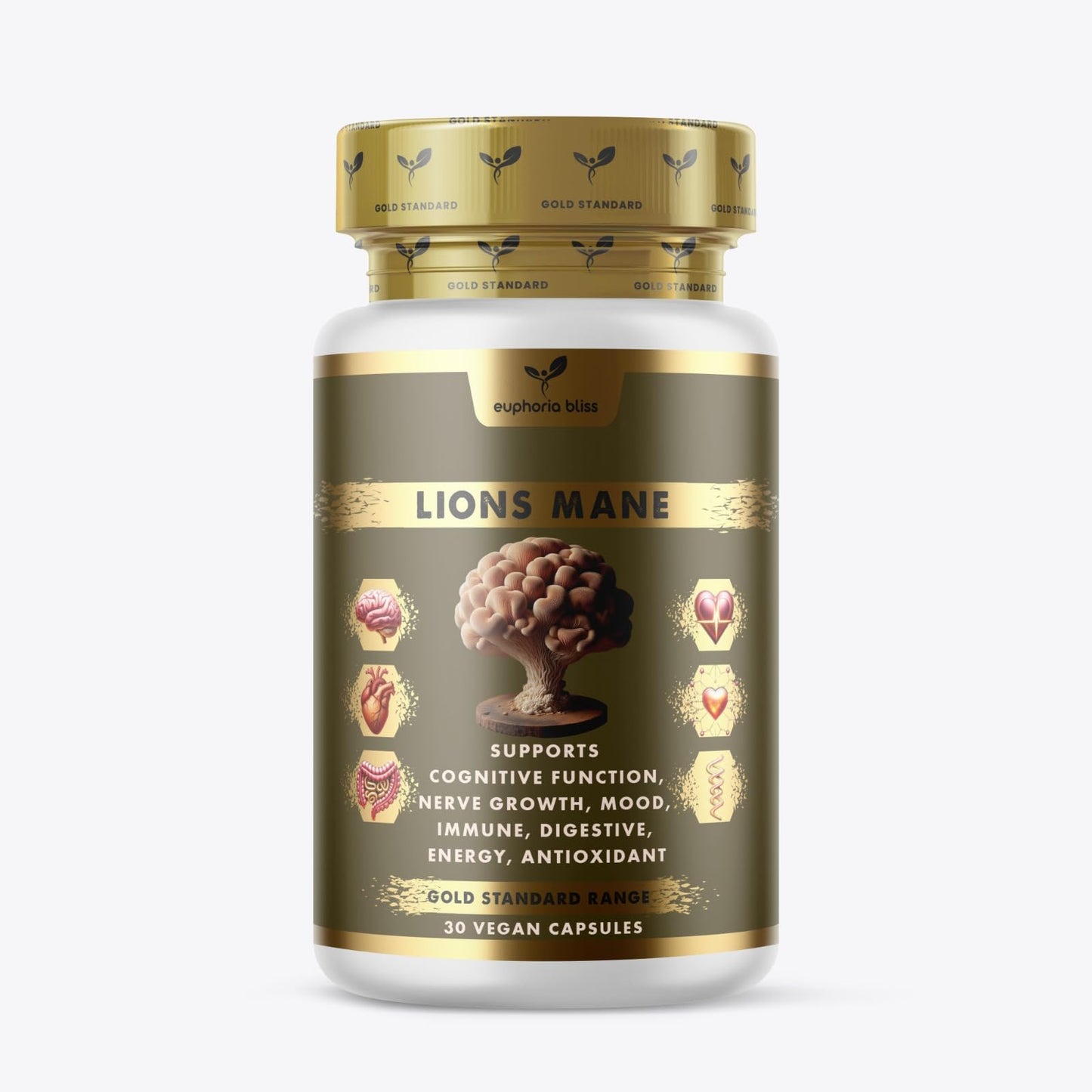 Euphoria Bliss Lions Mane Supplement - 3000mg Lion's Mane Capsules High Strength - 30 Capsules - 100% Pure Lion Mane Mushroom Fruiting Bodies Extract – Vegan - Made in The UK