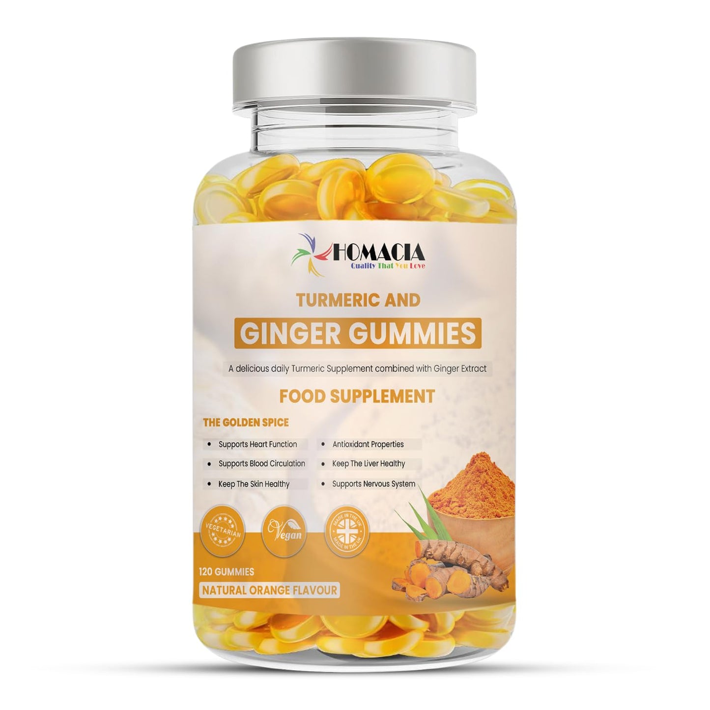 Homacia Turmeric and Ginger Gummies | Natural Orange Flavor | High Strength Ginger and Turmeric Gummies for Adults | Supports Joint and Bone Health | Non-GMO, Vegan Friendly | UK Made | 120 Gummies