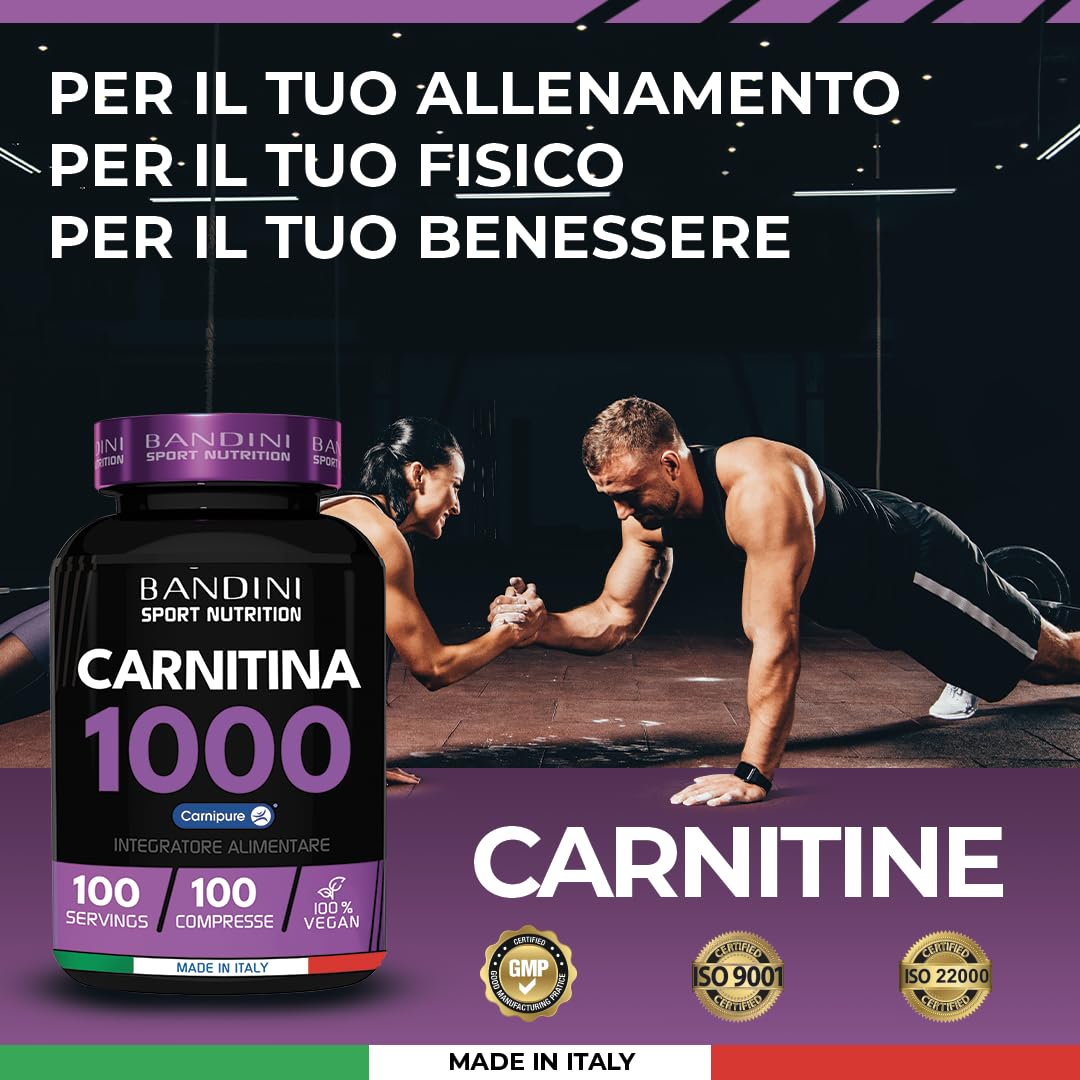 BANDINI Bandini® L CARNITINE 1000-100 Tablets with Carnipure® (100 doses, 100 days) - Supplement with Vegan L-Carnitine Tartrate - Pure Carnitine for Athletes and Sportspeople - Energy, Endurance and Recovery