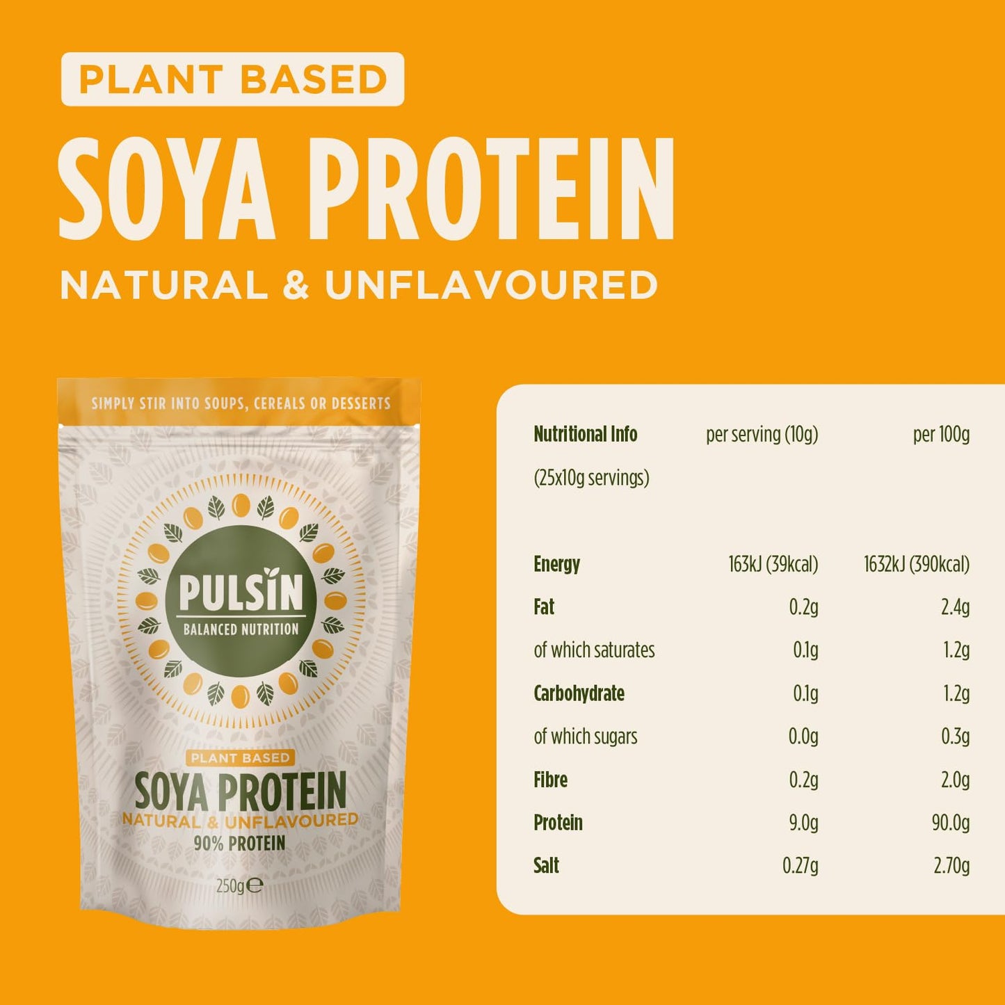 Pulsin - Unflavoured Vegan Soya Protein Powder - 250g - 9g Protein, 0.1g Carbs, 39 Kcals Per Serving - Gluten Free, Plant Based, Palm Oil Free & Dairy Free Protein