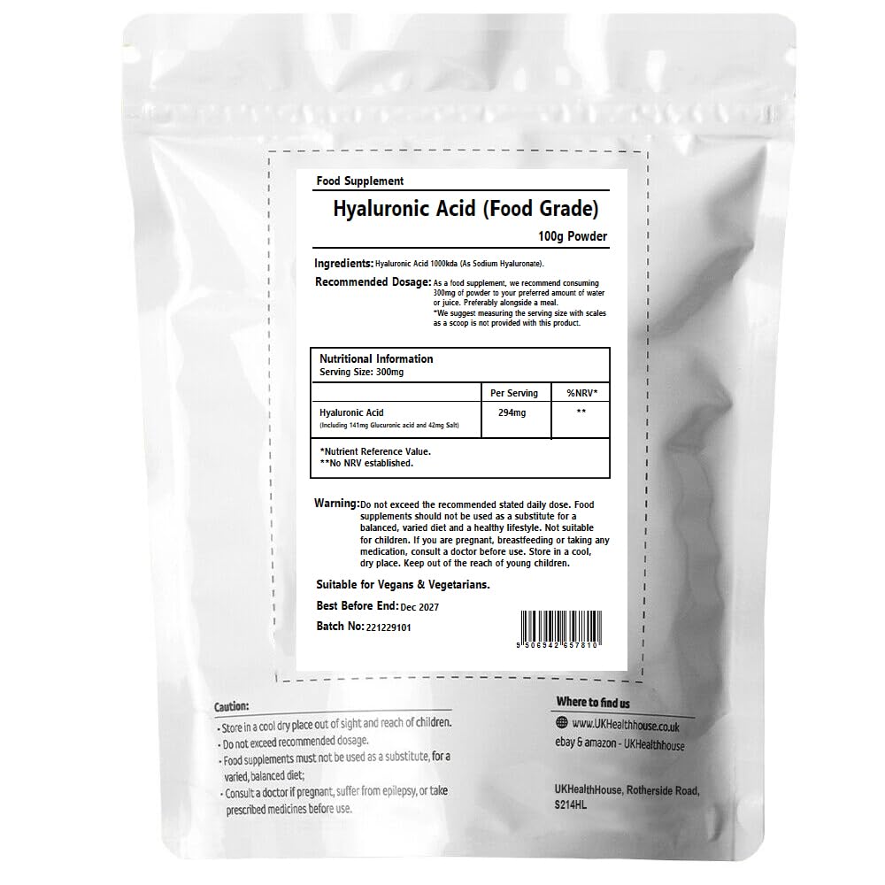 UKHealthHouse Hyaluronic Acid Supplement (1000 KDA) Vegan Triple Strength Hyaluronic Acid Powder Natural Skin, Hair & Joint Supplement for Women & Men (100g)
