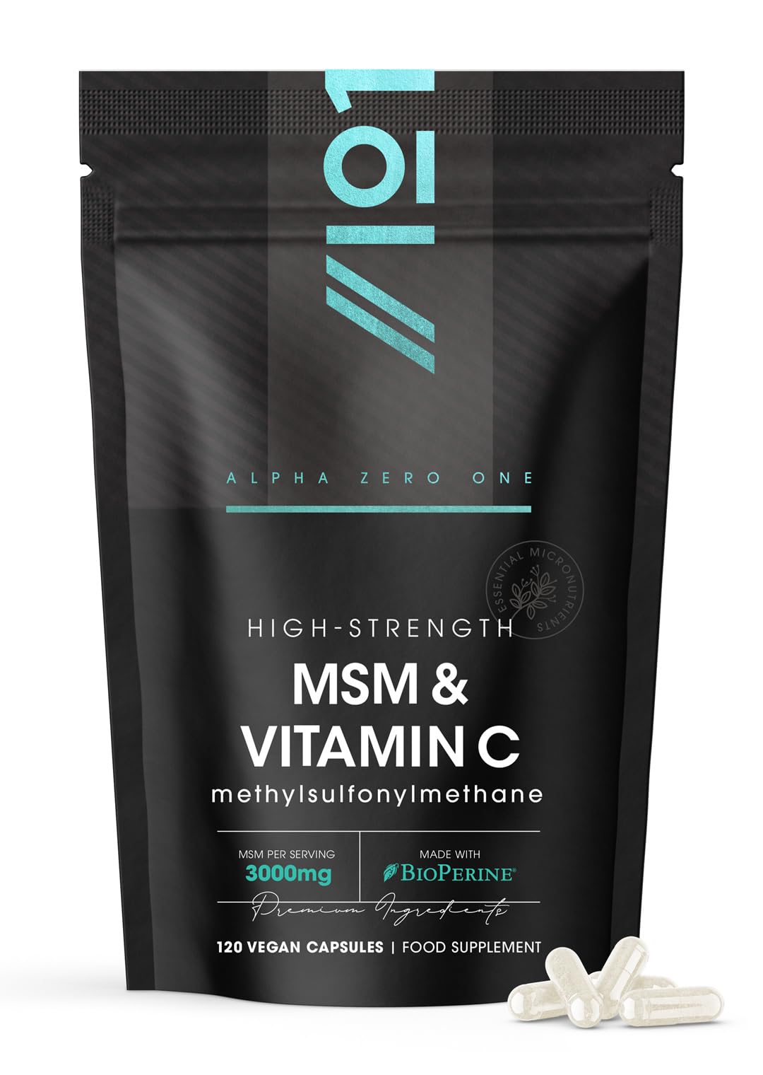 ALPHA01 MSM 3000mg with Vitamin C & BioPerine® - 120 Vegan Capsules – Supports Collagen Formation – for Healthy Skin - High Potency Methylsulfonylmethane – by Alpha01