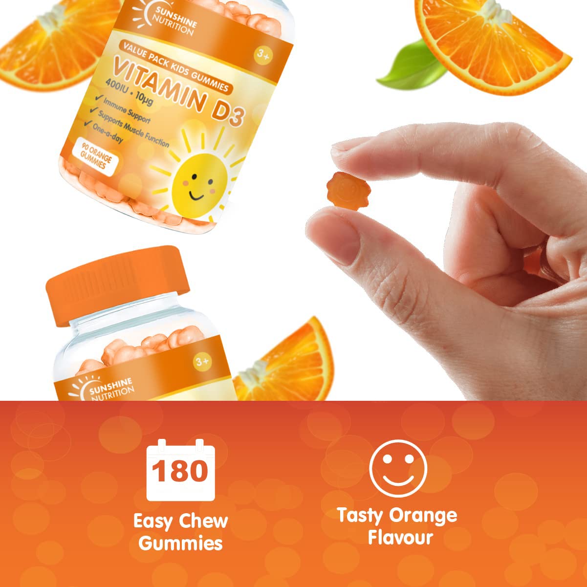 Kids Vitamin D Gummies by Sunshine Nutrition - Vitamin D3 400IU Orange Flavour Gummy (180 Count)