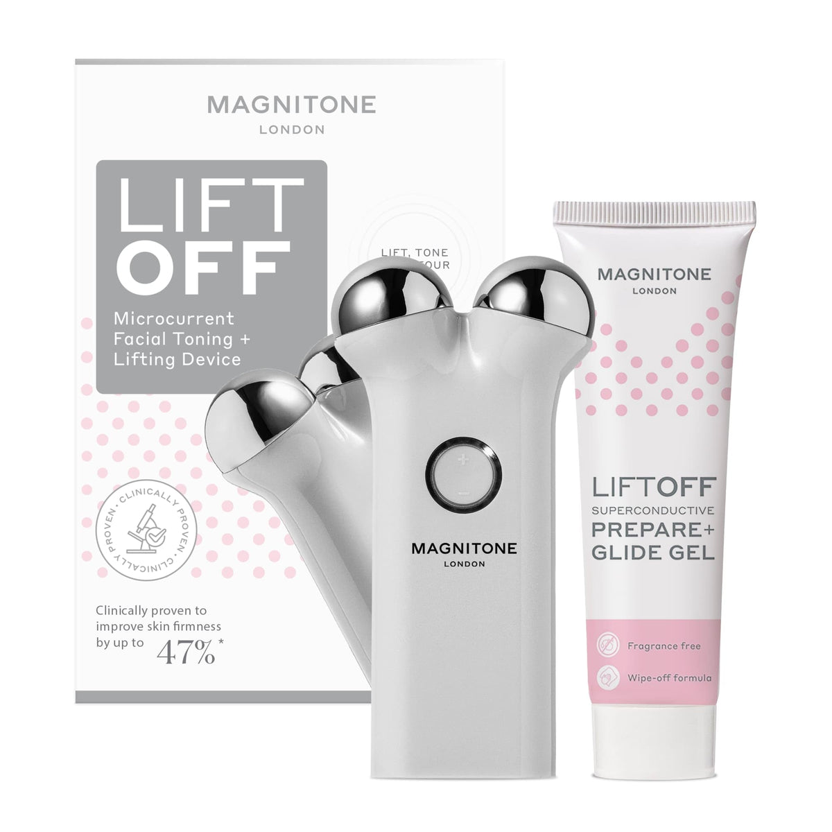 Magnitone MAGNITONE Lift Off Microcurrent Facial Toning Device, Pink, USB Rechargeable, with Prepare + Glide Superconductive Gel 60ml At Home face Lift (Grey)