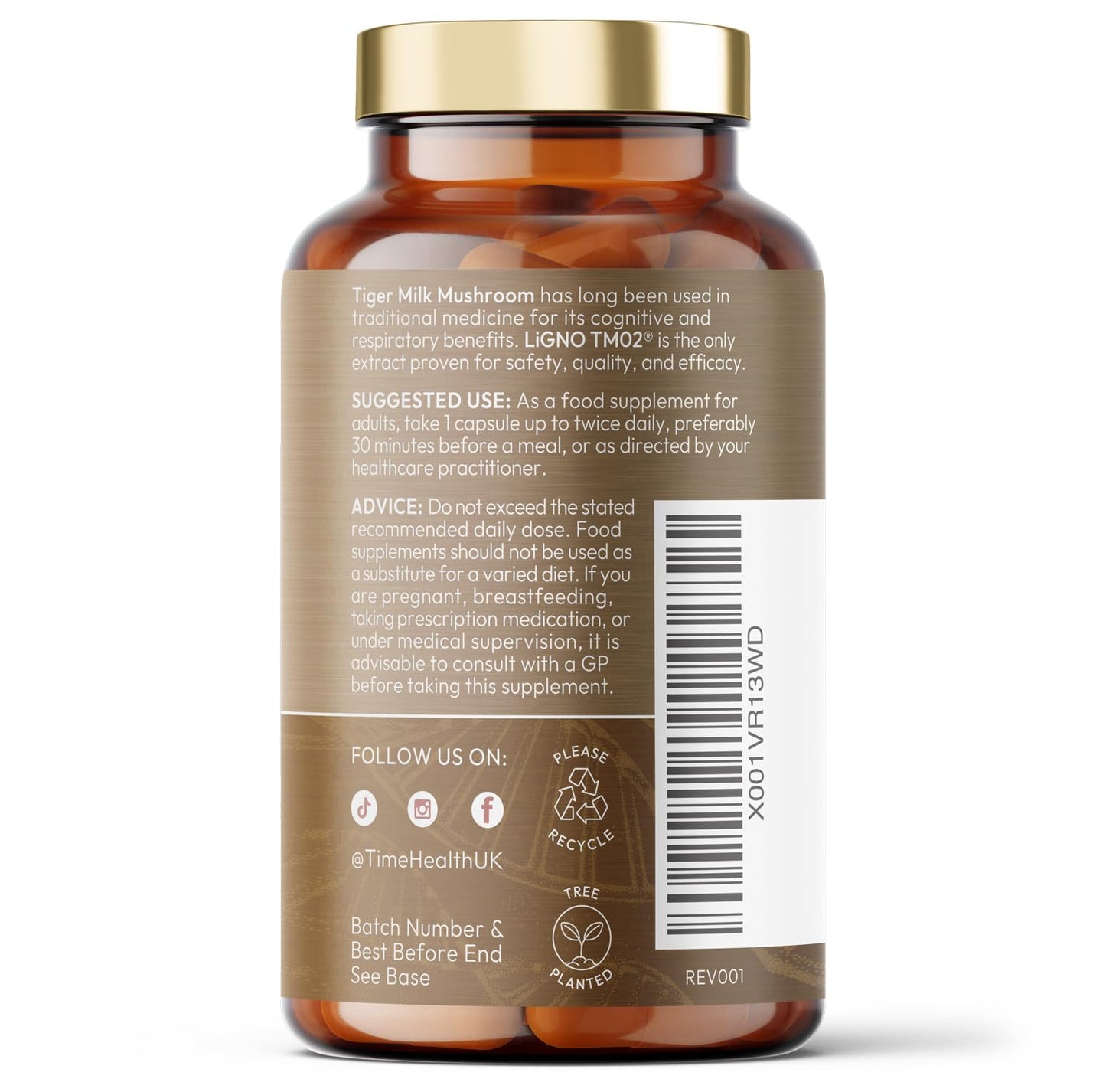 Tiger Milk Mushroom - 120 Capsules - 450mg Extract - LiGNO TM02® - >30% Polysaccharides - Lignosus rhinocerus - GMP - Vegan Supplement - No Synthetic Additives - Time Health
