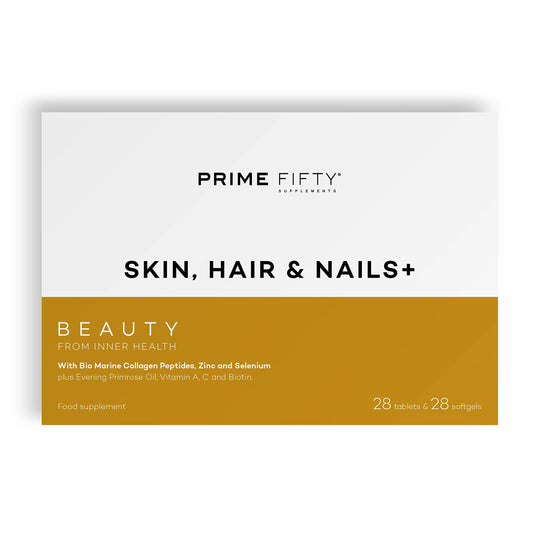 Prime Fifty Skin, Nails & Hair Vitamins – Bio Marine Collagen Supplements for Women with Biotin & Selenium – 28 Day Supply – Primrose Oil, Vitamin A & C – Beauty from Inner Health