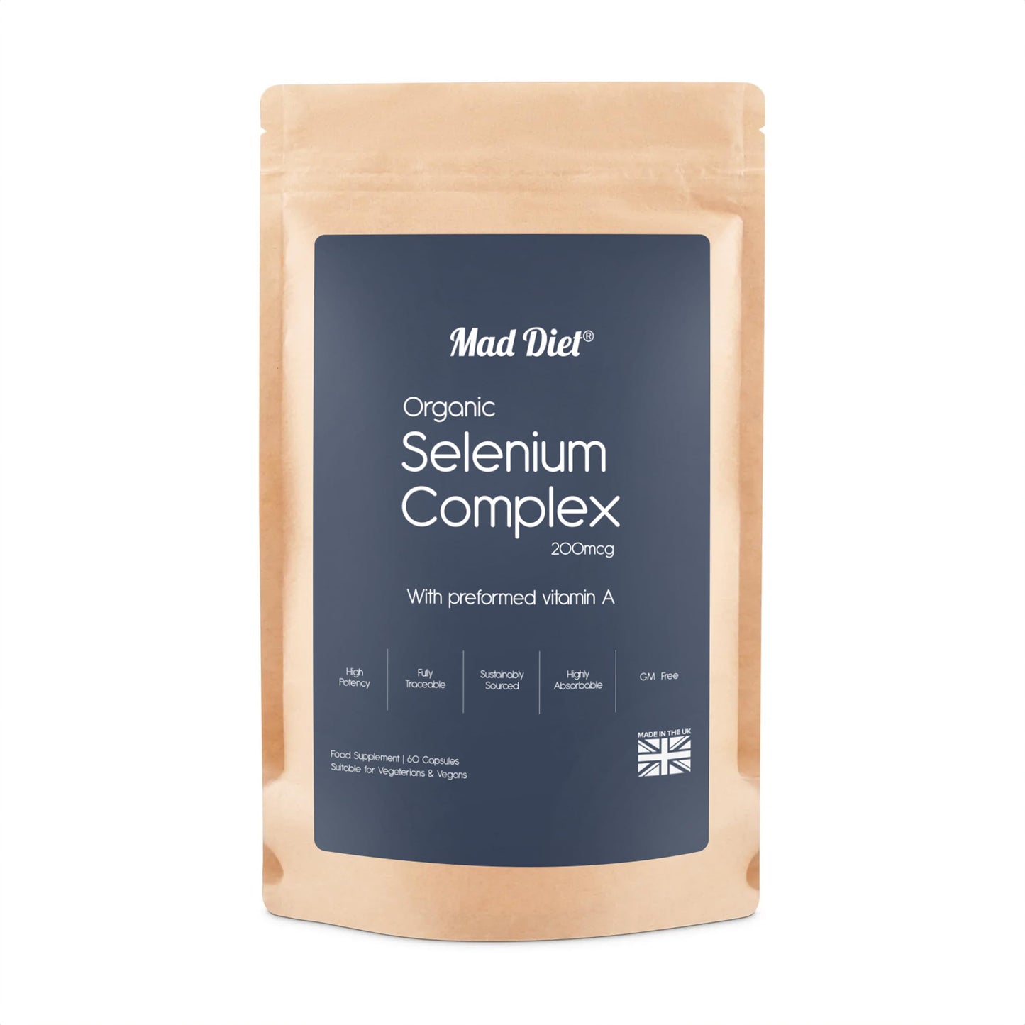 Mad Diet Organic Selenium Complex with Vitamin A – Brain & Metabolic Health – Yeast Free, Antioxidants for Immune Health, Non-GMO & Gluten-Free, Selenium 200 mcg for Men & Women (60 Capsules)