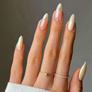 Ceboic 24Pcs Almond French Press on Nails Short, Yellow Glossy Acrylic French Tips Fake Nails, Ballerina False Nails with Waves Designs Full Cover Stick on Nail for Women and Girls