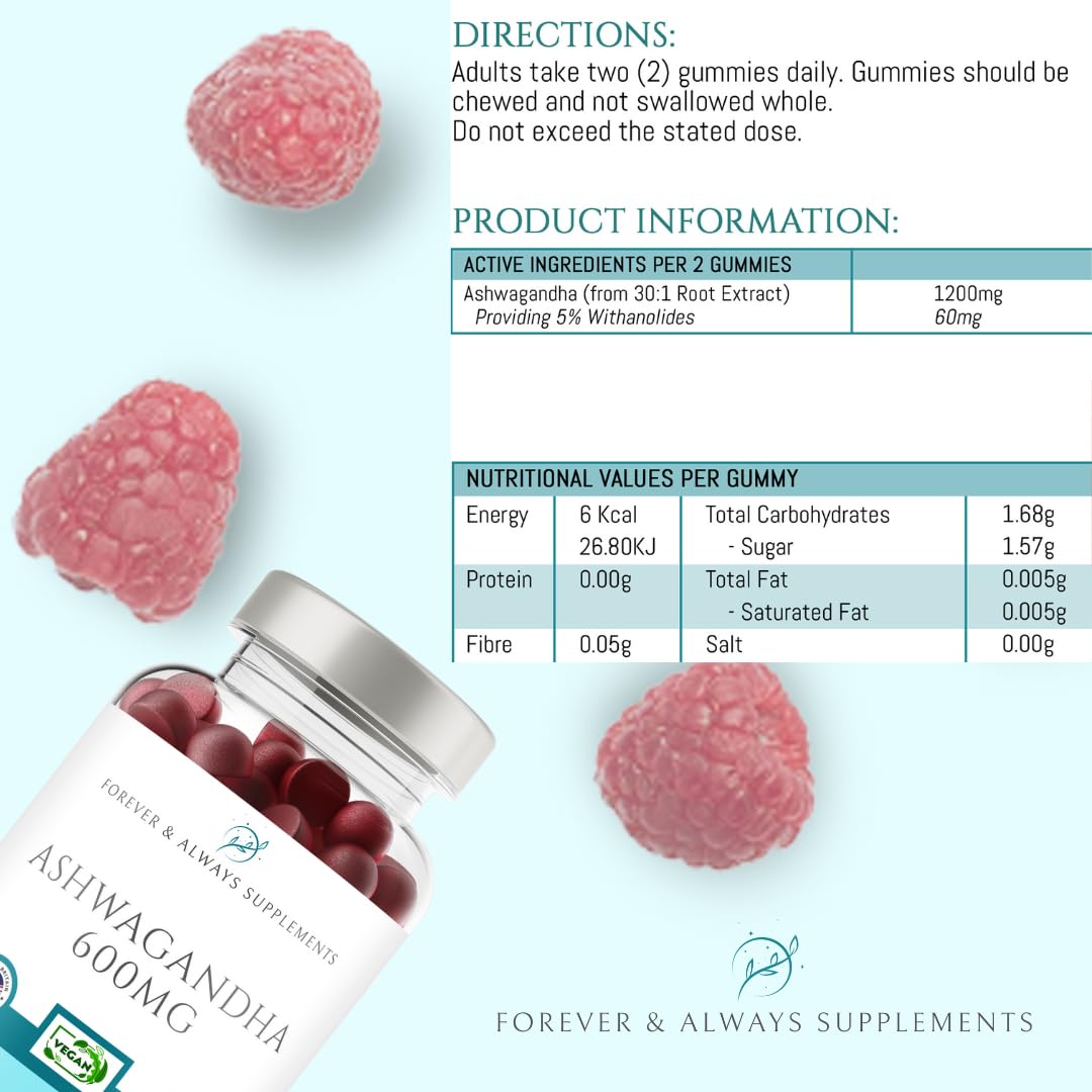 Forever & Always Supplements Ashwagandha High Strength Gummies (150) 1200mg per serv - Raspberry Flavoured Gummies for Adults - Sleep, Mind, Calm, Focus & Melatonin Support Supplements