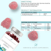Forever & Always Supplements Ashwagandha High Strength Gummies (150) 1200mg per serv - Raspberry Flavoured Gummies for Adults - Sleep, Mind, Calm, Focus & Melatonin Support Supplements