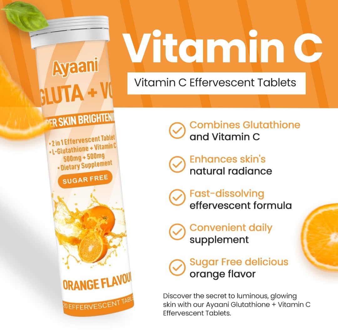 Premium Glutathione 500mg & Vitamin C 500mg Effervescent Tablets - Orange Flavour, Skin Brightening & Antioxidant Supplement, Vegan, Non-GMO - 20 Tablets by Ayaani