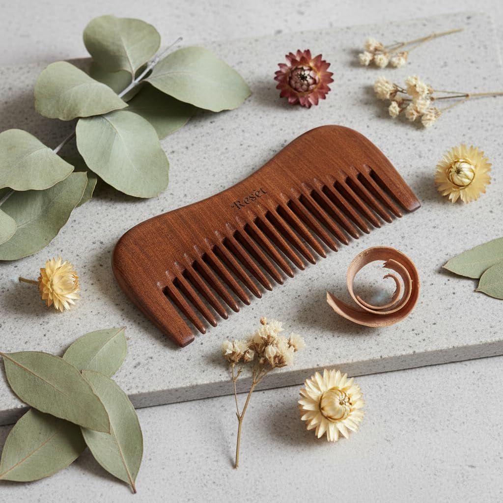 Resèt 100% Natural Handmade Sandalwood Comb | Soft Wide Tooth Wooden Comb | Eco-Friendly Anti-Static for Massage | Wooden Hair Detangler for Men and Women