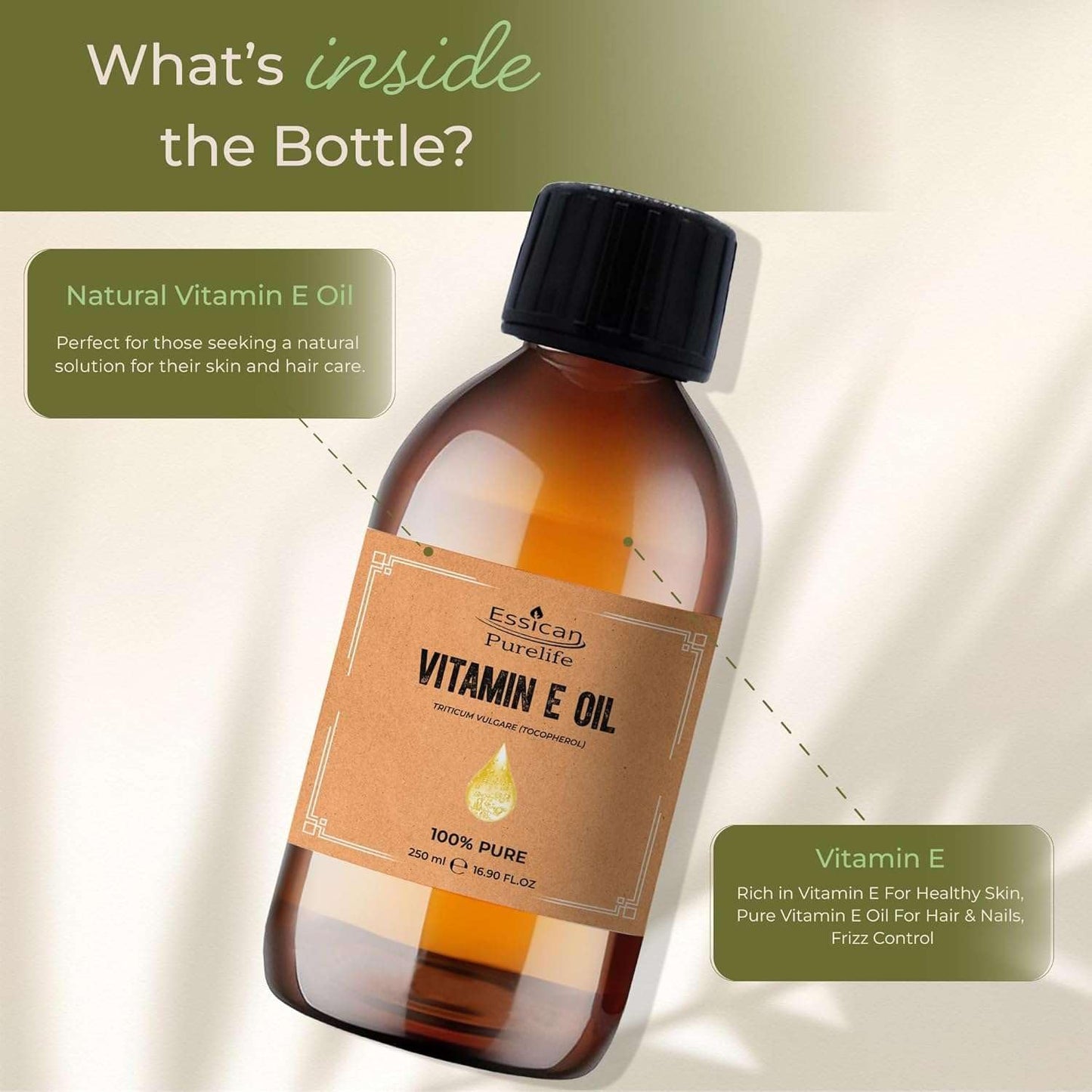 Essican Purelife Vitamin E Oil 250ml - 100% Pure Natural Vitamin E Oil for Face, Vitamin E Oil for Hair, Vitamin E Oil for Skin, Vitamin E for Scars, Scalp, Pure Vitamin E Oil for Nails, VIT E Pure Oil, Carrier Oils