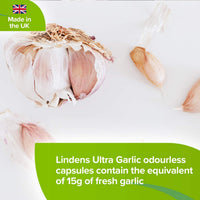 Lindens Ultra Garlic 15000mg Odourless Capsules 120 Pack - UK Made - Vitamin B1 and D3 for Normal Muscle Function, Heart and Immune Health (10500mcg Allicin) - Letterbox Friendly