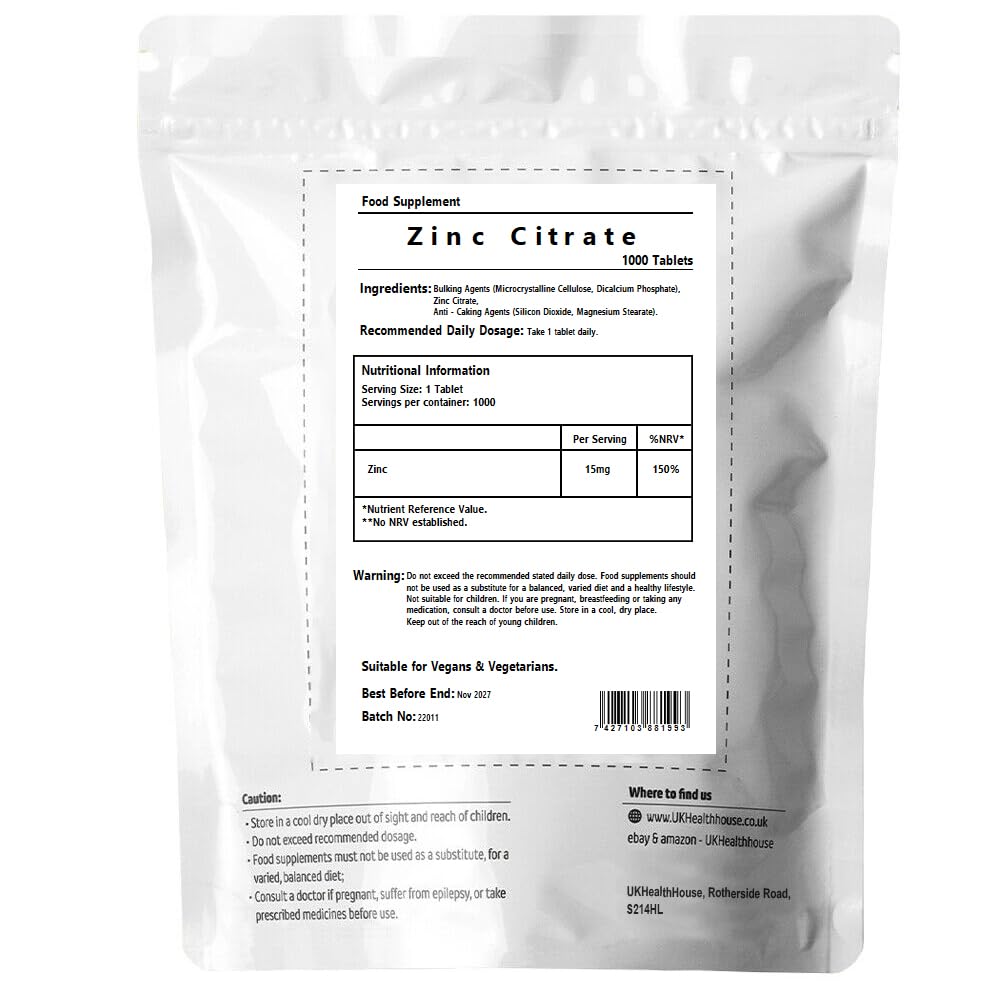 UKHealthHouse Zinc Citrate - 50mg x 1000 - High Strength - Healthy Hair, Skin, Nails, Vision & Hormone Balance - Vegetarian & Vegan - General Health