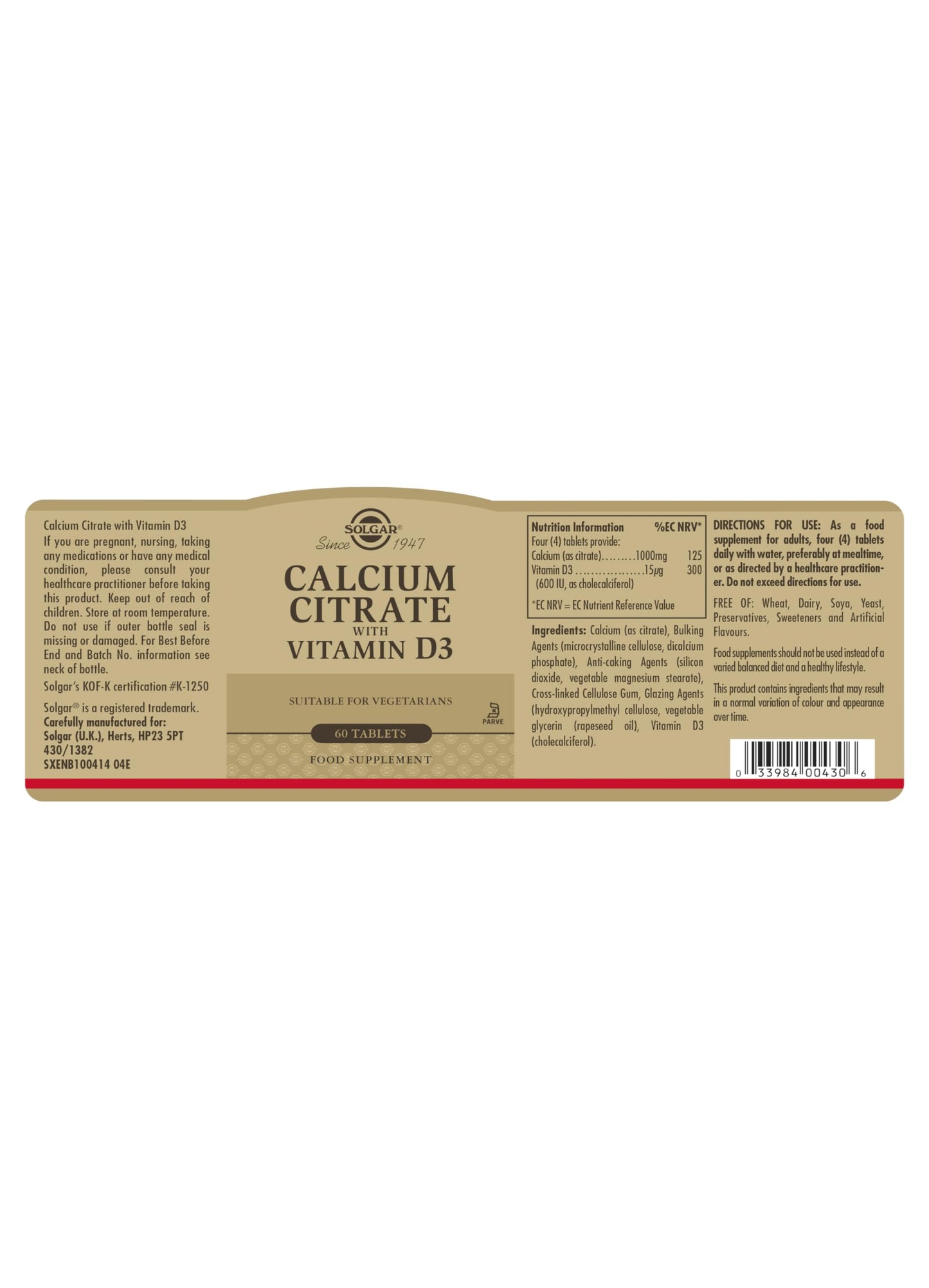 Solgar Calcium Citrate with Vitamin D3 Tablets - Pack of 60 - Healthy Bones & Teeth - High Potency Formula - Gluten Free