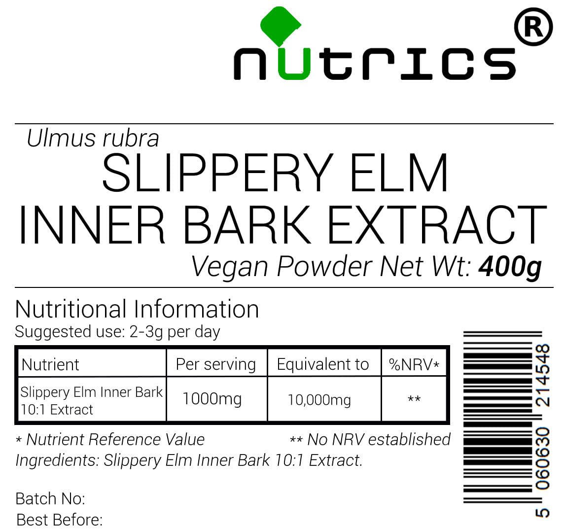 Nutrics® 100% Pure Slippery Elm Inner Bark 10:1 Extract 400g Vegan Powder Pharmaceutical Grade - Ulmus rubra - Suitable for Vegan Vegetarian Halal Kosher