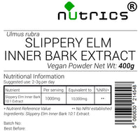 Nutrics® 100% Pure Slippery Elm Inner Bark 10:1 Extract 400g Vegan Powder Pharmaceutical Grade - Ulmus rubra - Suitable for Vegan Vegetarian Halal Kosher