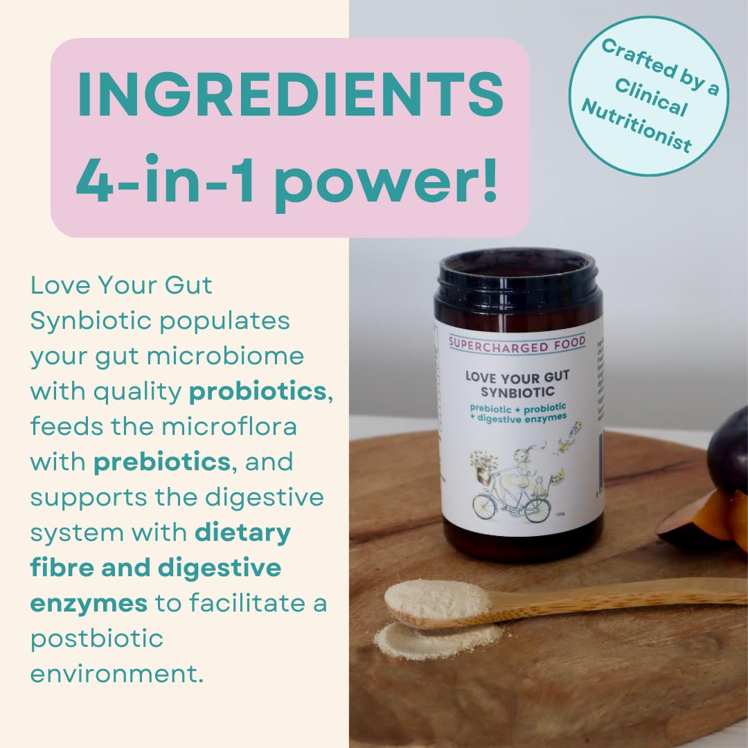 Supercharge Your Gut Love Your Gut Synbiotic – Probiotic + Prebiotic Blend | Gut Health Supplement | Supports Digestion & Immunity | by Lee Holmes, Supercharged Food UK