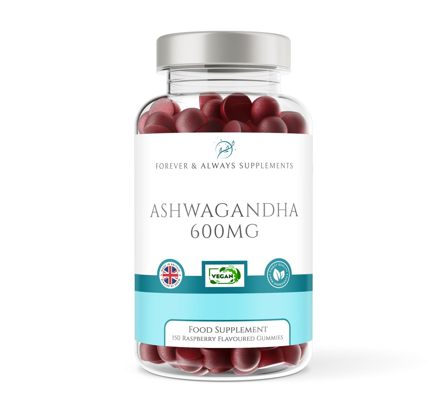 Forever & Always Supplements Ashwagandha Gummies 1200mg per serv High Strength with 5% Withanolides 60mg - 2.5 Months Supply - 150 Raspberry Flavoured Ashwagandha Root Extract Supplement for Men and Women