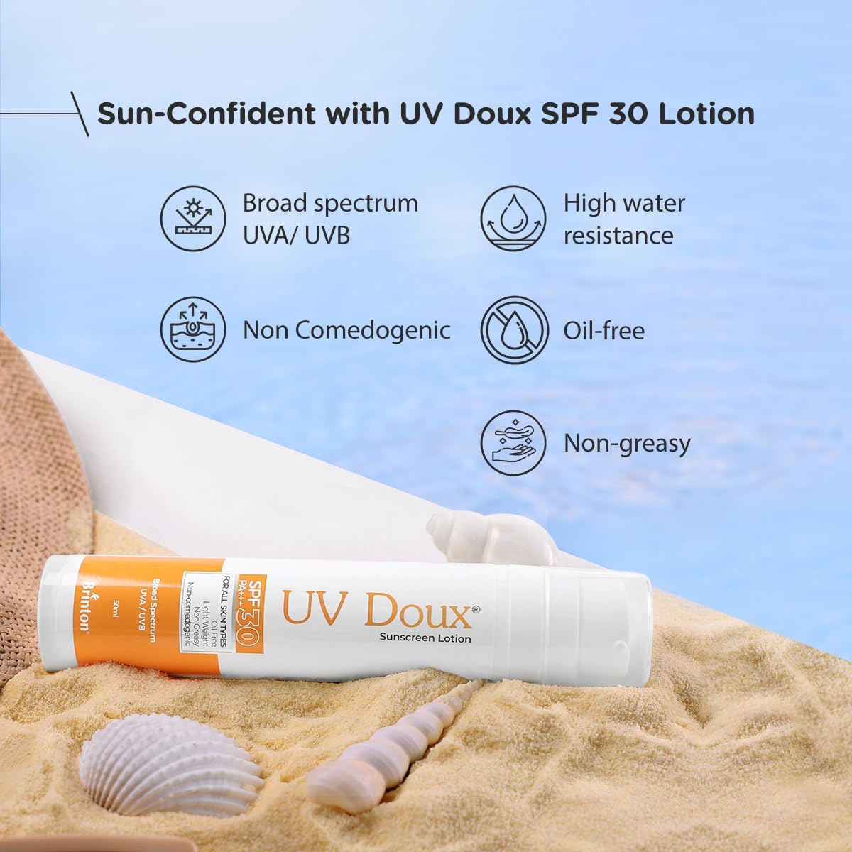 Brinton UV Doux Sunscreen Lotion with SPF 30 Oil Free Formula Sweat & Water Resistant Lightweight, Non-Greasy and Non-Comedogenic For All Skin Types, 50ml