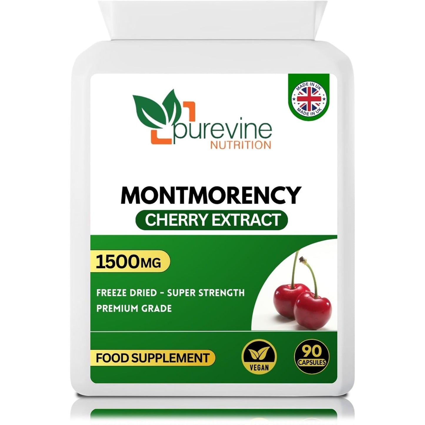 Montmorency Cherry 1500 mg, 90 Capsules, 100% Natural High Strength Freeze Dried Montmorency Cherries with No Additives, Purevine Nutrition
