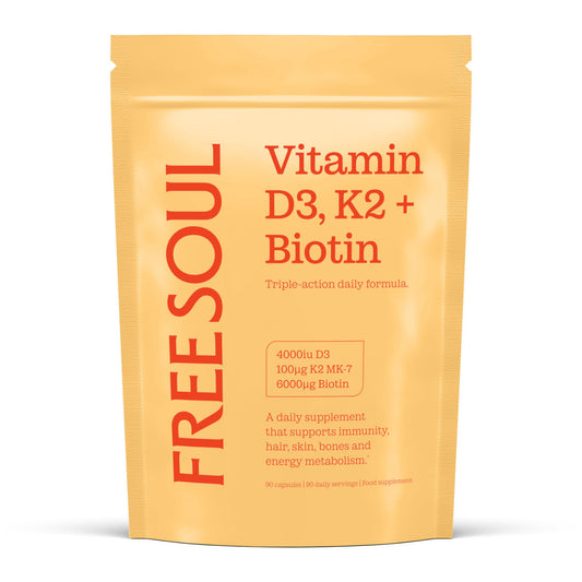 Vitamin D3 + K2 and Biotin, 3 in 1 Complex | High Strength D3 4000IU, K2 MK-7 & Biotin 6000mcg | Immunity, Heart, Hair, Skin, Nails, Support | UK Made | Lab-Tested | 90 Capsules | Free Soul