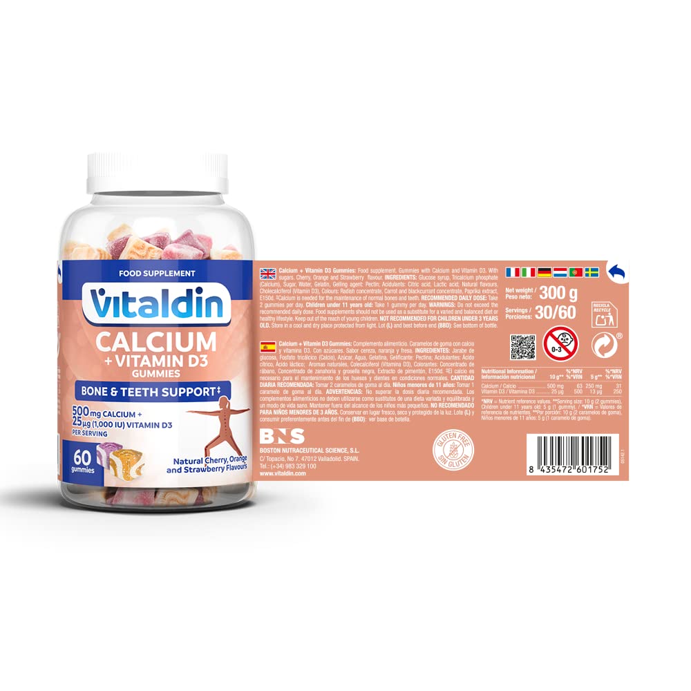 VITALDIN Calcium + Vitamin D3 Gummies – 500 mg Calcium & 1.000 IU Vitamin D per Serving – 60 Chewable Gummies (1-Month Supply); Fruit Flavour – Bone & Teeth Support – Gluten Free – for Kids & Adults