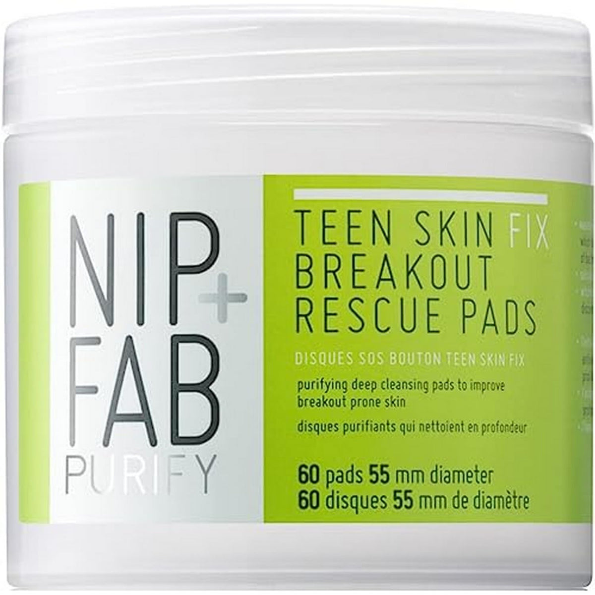Nip+Fab Nip + Fab Teen Skin Fix Zero Breakout Rescue Face Pads with Salicylic Acid, Witch Hazel and Antioxidant Wasabi Extract, BHA Facial Pad for Cleansing Pores Prevent Breakouts Blemishes, 60 Count