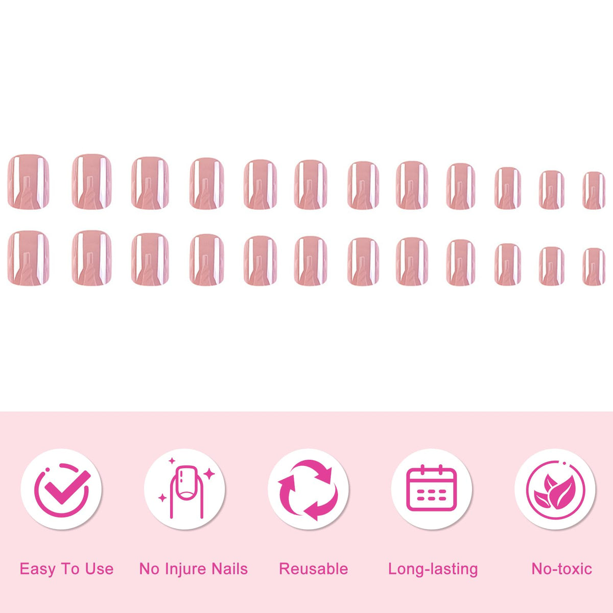 BoloShine 24 Pcs Short Square Rose Pink Glossy Full Cover Acrylic False Nails, 12 Sizes, French, Gradient, Glitter, Kit Includes 24 Nails, 24 Glue Stickers, Nail File, Manicure Stick