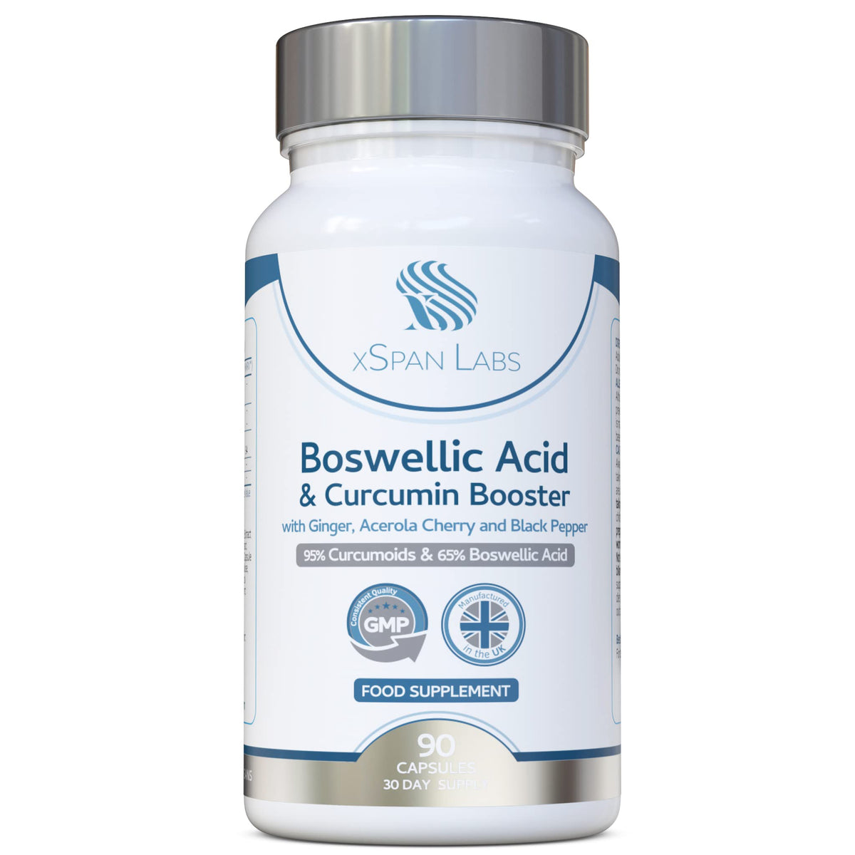 Xspan Labs Boswellic Acid & Curcumin Booster Complex – 1 Month Supply, 90 Capsules - containing Minimum 95% Curcumoids & 65% Boswellic Acid - with Added Ginger, Acerola Cherry and Black Pepper