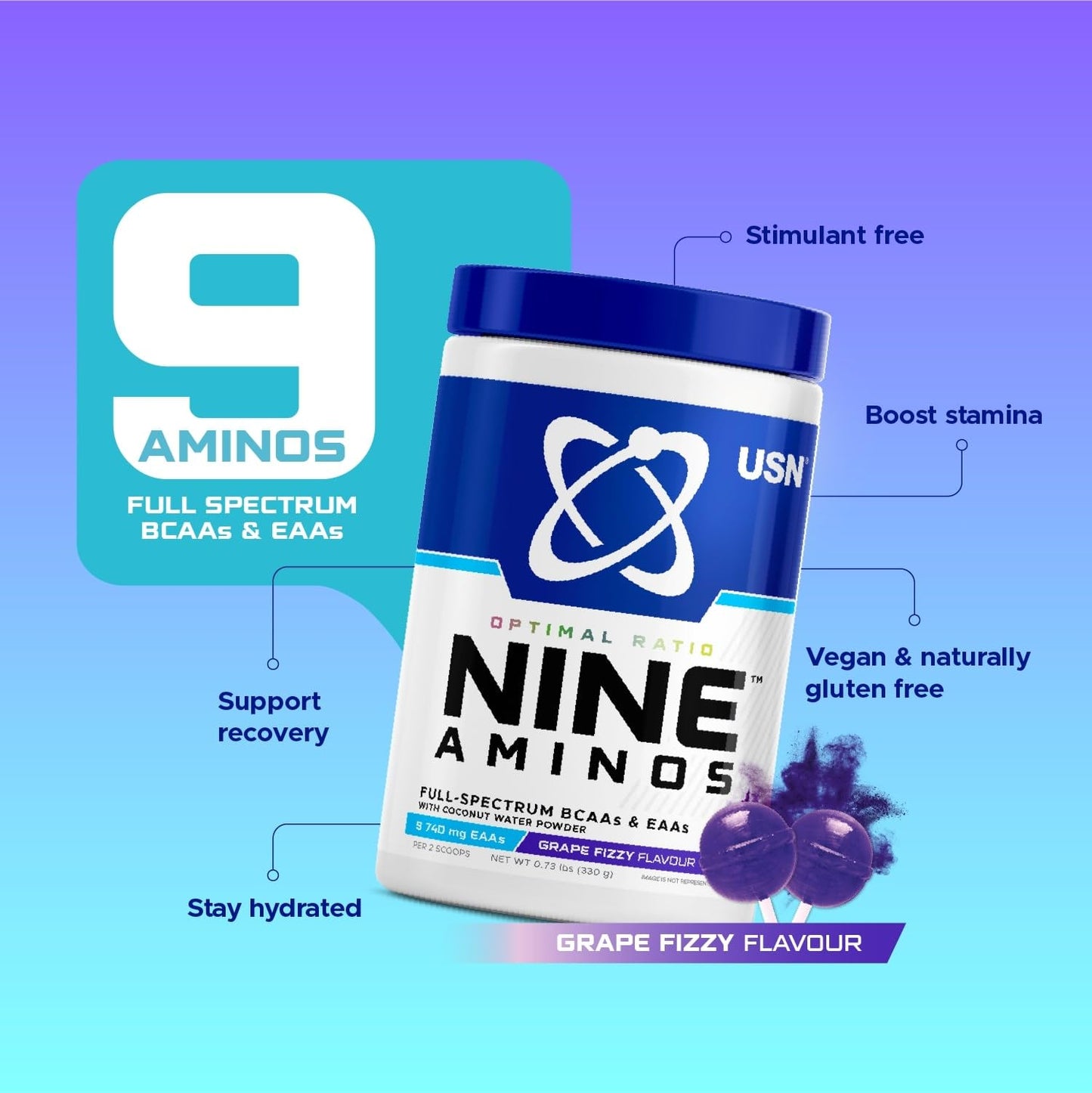USN Nine Aminos (330g) Grape Fizzy - Amino Acids - Amino Acid-Mix