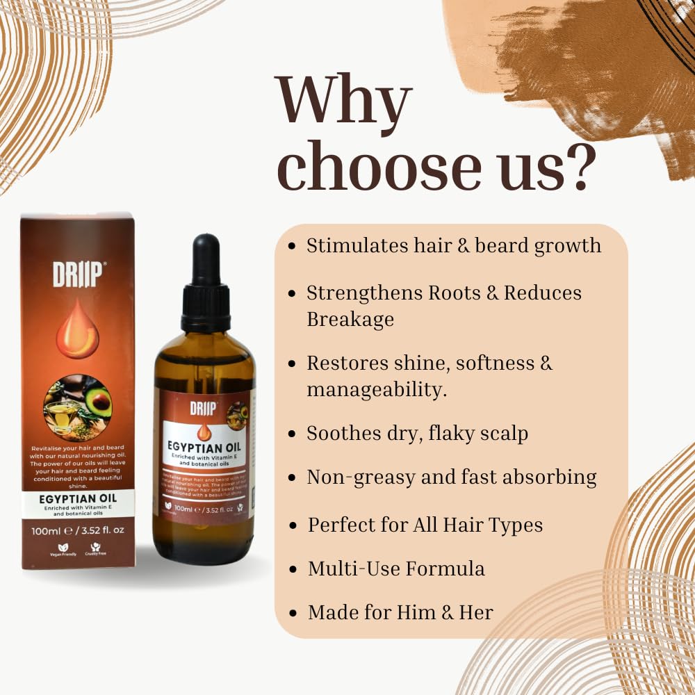 DRIIP Egyptian Hair & Beard Oil Treatment - Enriched with Vitamin E &14 Natural Oils with Biotin - Nourishing Strengthening & Conditioning Hair Growth Oil for Men & Women - Vegan Cruelty Free - 100ml