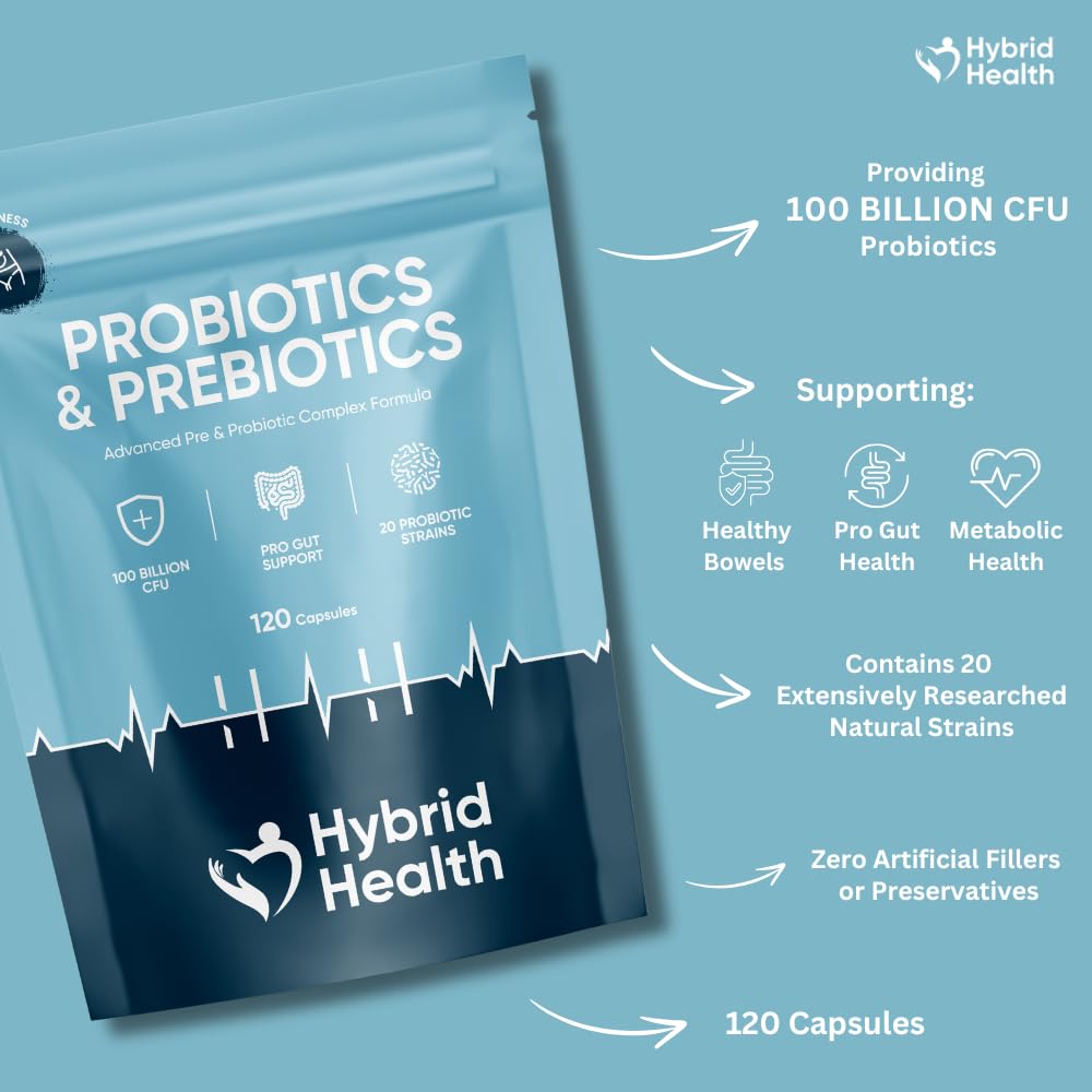 Hybrid Health Probiotics & Prebiotics Complex | 120 Vegan Capsules | 100 Billion CFU | Advanced Strength Probiotics with 20 Diverse Strains | Pre & Probiotics for Women and Men