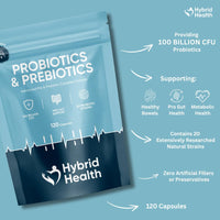 Hybrid Health Probiotics & Prebiotics Complex | 120 Vegan Capsules | 100 Billion CFU | Advanced Strength Probiotics with 20 Diverse Strains | Pre & Probiotics for Women and Men