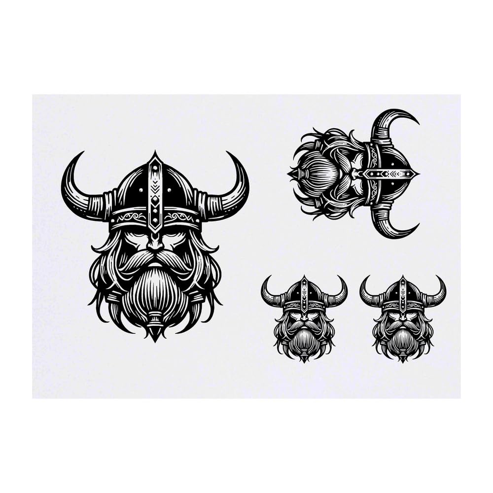 Azeeda 4 x 'Viking Head' Temporary Tattoos - Water Resistant, Skin-Safe, Non-Toxic Transfers, Mixed Sizes (TO00085486)