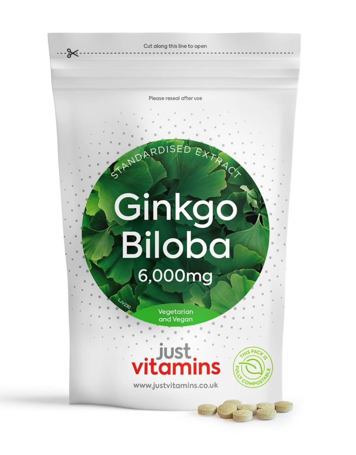 Just Vitamins Ginkgo Biloba 6000mg 180 Tablets for Circulation, Brain and Memory Support