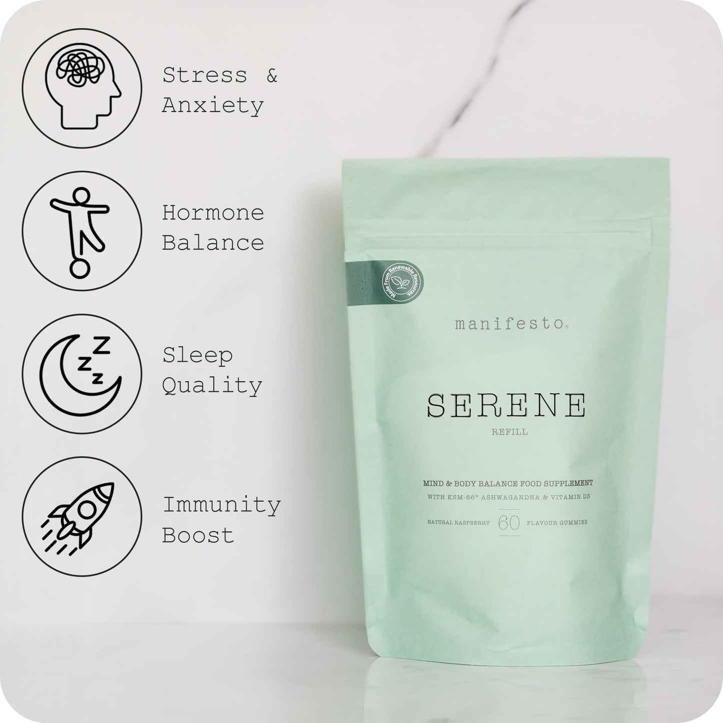 MANIFESTO Manifesto Serene Sleep Gummies – Stress & Anxiety Relief – Ashwagandha KSM-66, Lemon Balm, Vitamin D3 – 60 Vegan Multivitamin Gummies for Women, Raspberry Flavour, Menopause Supplements – Refill Pouch