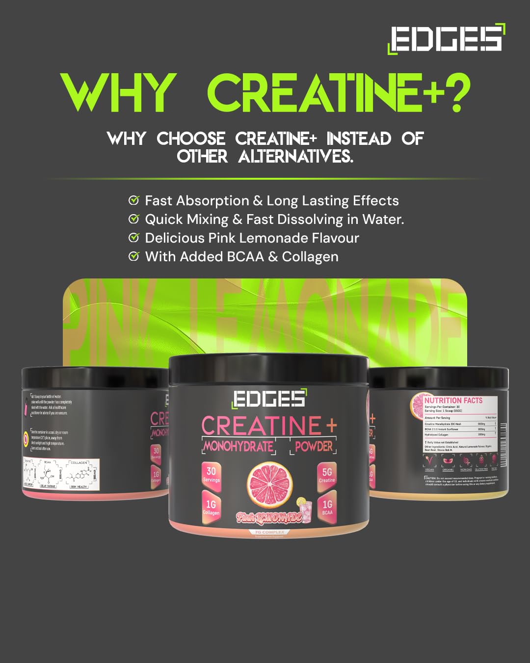 Edges Creatine+ | 5g Creatine (200 Mesh) | 1g BCAAs | 1g Collagen | Creatine Monohydrate Powder - Pink Lemonade Flavoured Creatine - Boost Muscle Performance - 30 Servings (272g, Pink Lemonade)