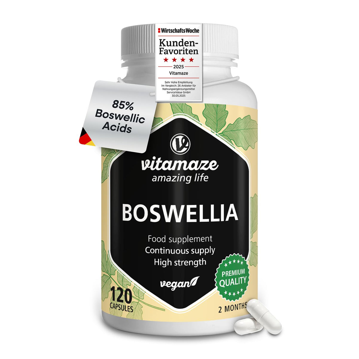 Vitamaze - amazing life Boswellia Serrata Capsules 900mg - 2 Months Supply - 85% Frankincense Boswellia Acid 100% - Joint Care Natural from India Boswellia Serrata, Made in Germany