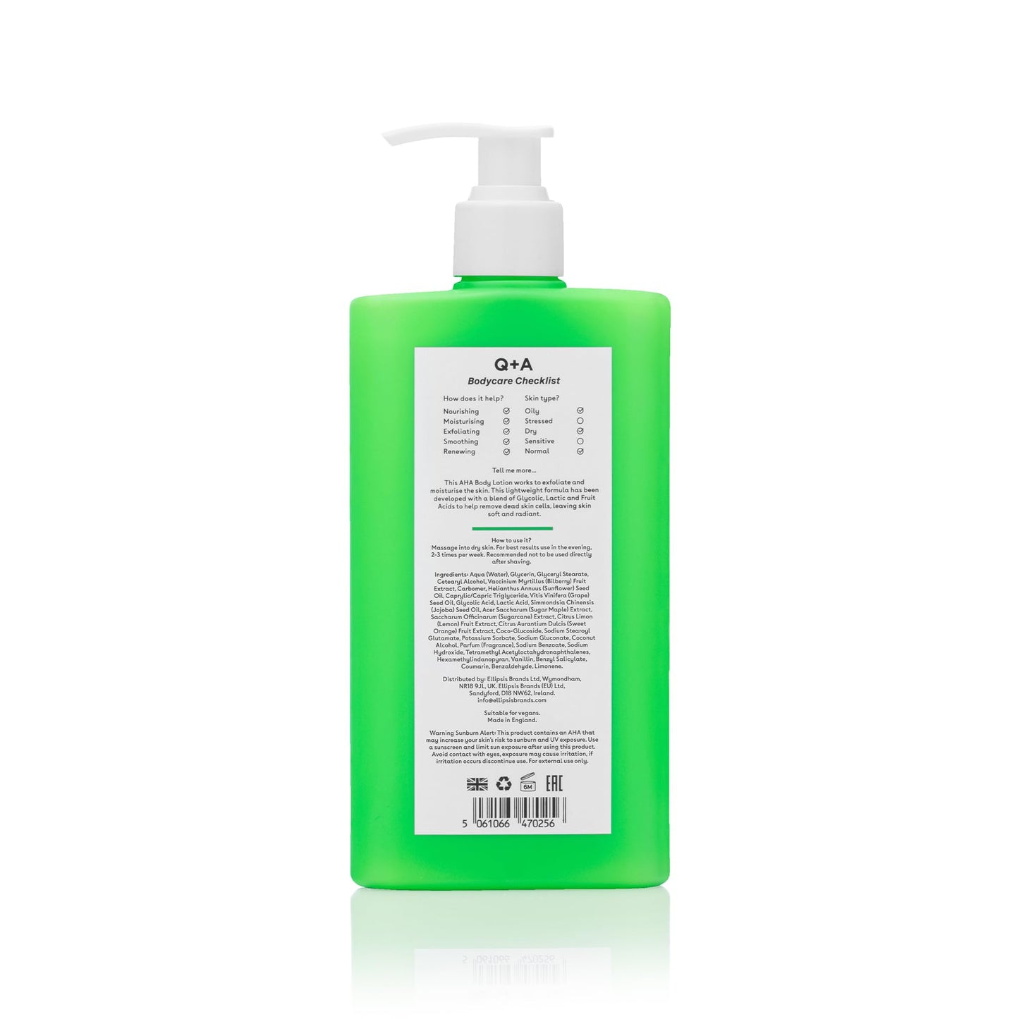 Q+A AHA Exfoliator Body Lotion 250ml, Smoothing Body Moisturiser
