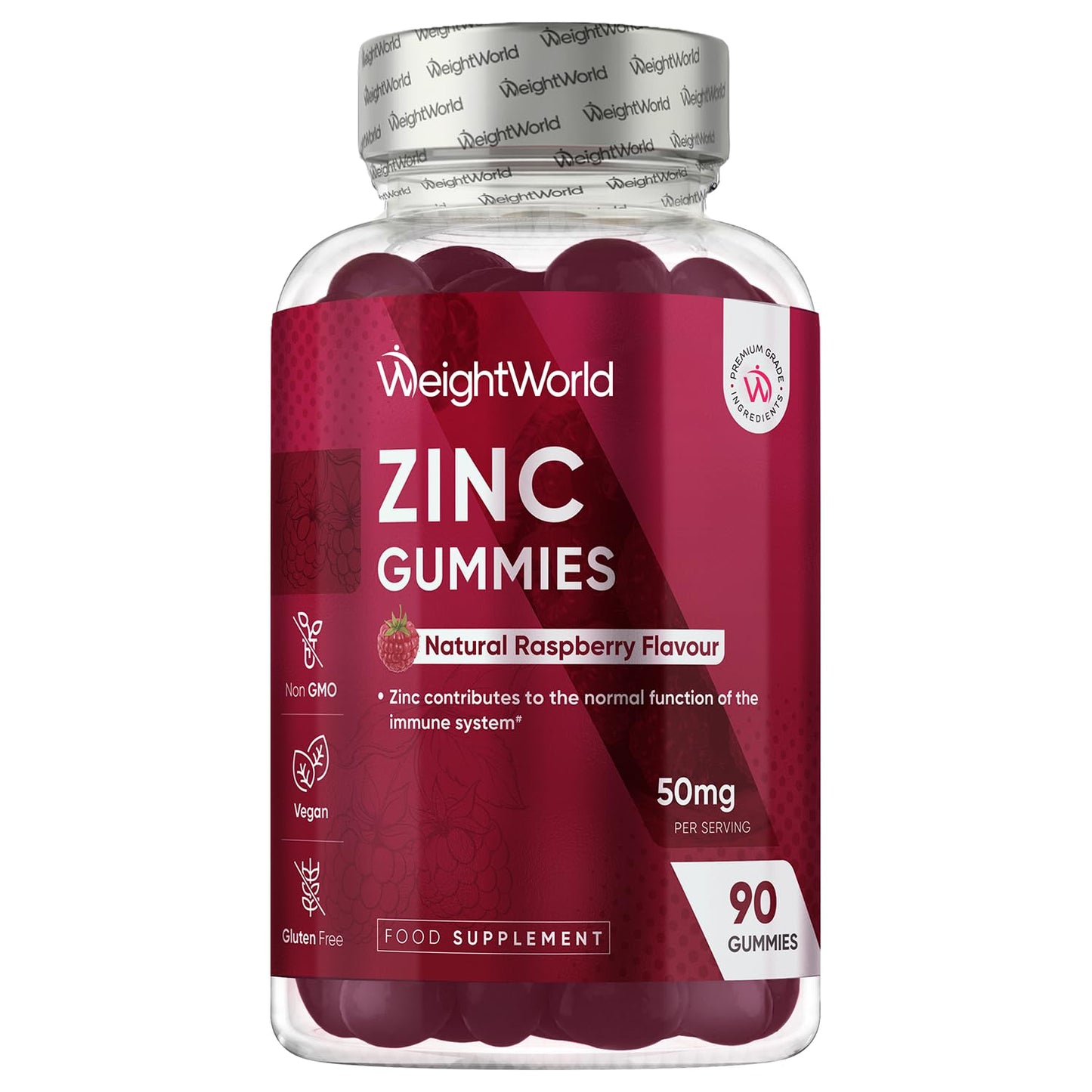 WeightWorld Zinc Citrate Gummies 50mg - 45 Days Supply - 90 Gummies - Zinc Supplement for Men & Women - Easy to Chew - Natural Raspberry Flavour - Vegan, Non-GMO & Magnesium Stearate-Free