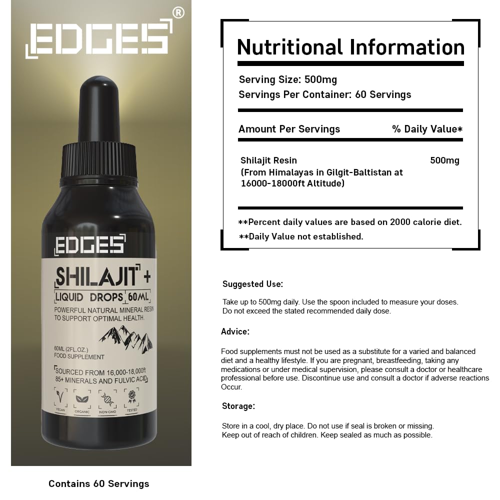 Edges Shilajit Liquid Drops, Faster Absorption, High Potency, Fulvic Acid, Humic Acid, 85+ Minerals, 2 Month Supply