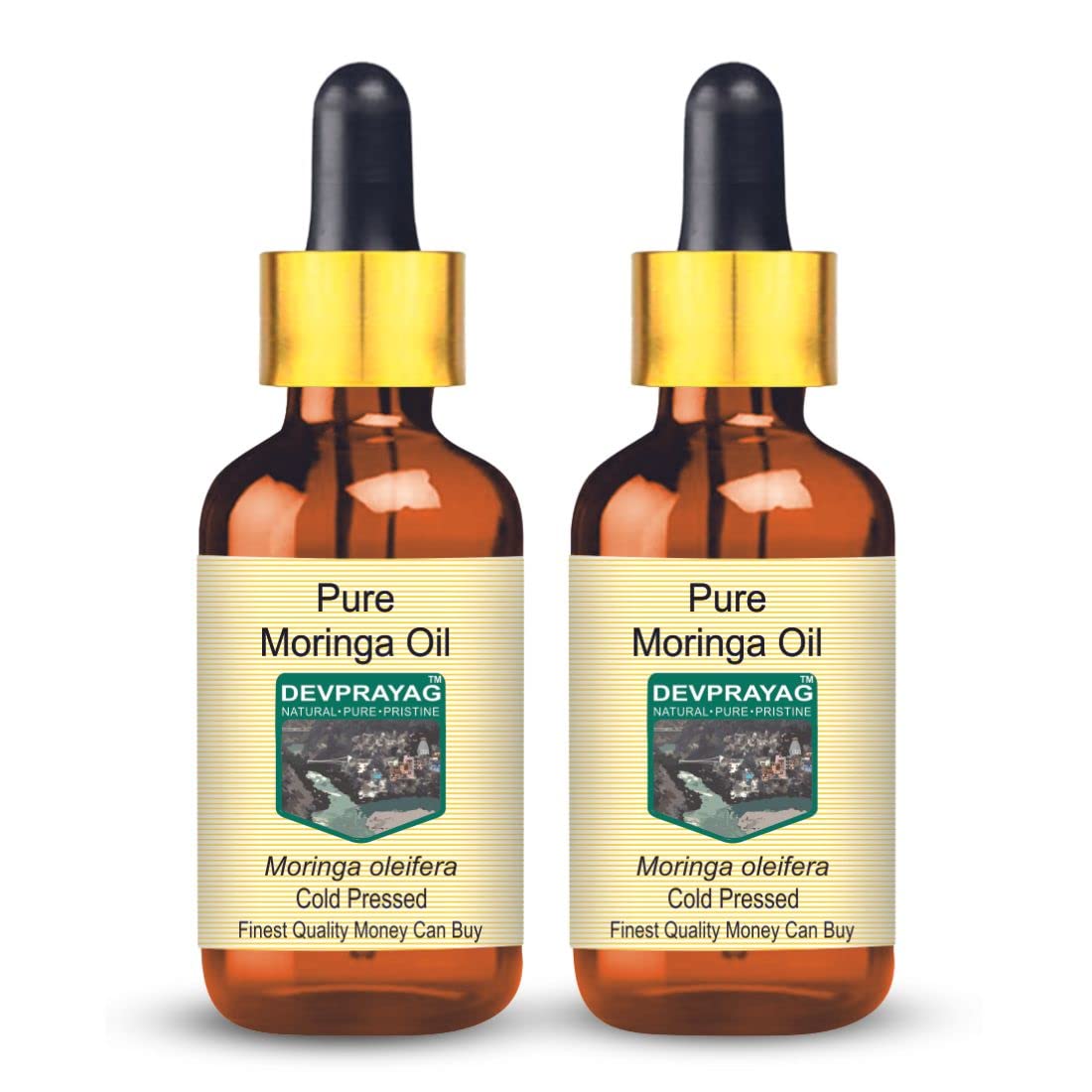 DEVPRAYAG Devprayag Pure Moringa Oil (Moringa oleifera) with Glass Dropper Natural Therapeutic Grade Cold Pressed (Pack of Two) 100ml x 2 (6.76 oz)